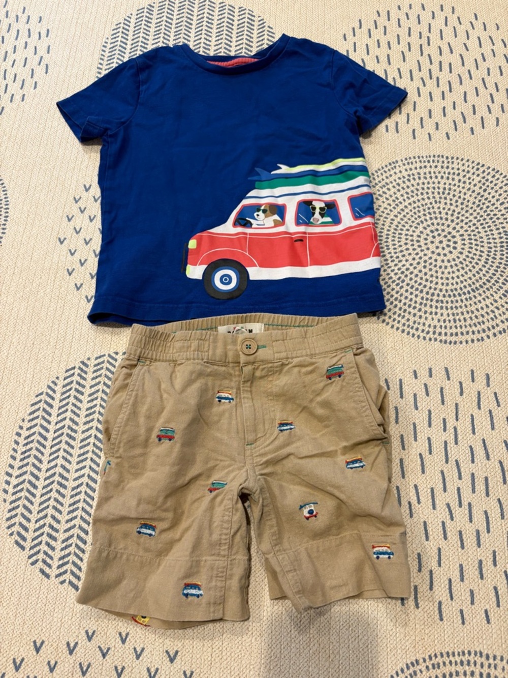 Mini Boden Navy Blue Tee and Khaki Shorts Set with Red Bus Graphic